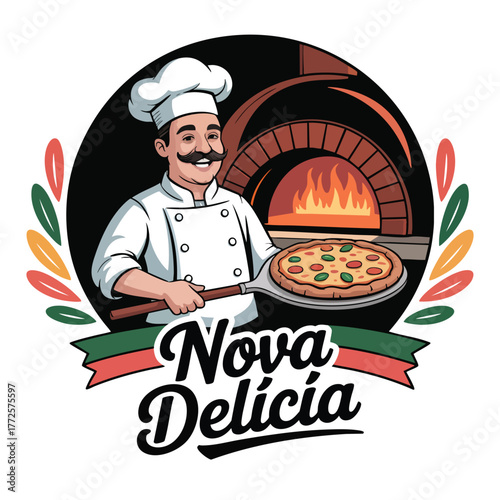 Chef with pizza in front of wood fired oven and decorative leaves italian food