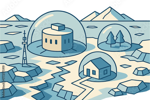 Futuristic antarctic landscape with domed structures and icy terrain