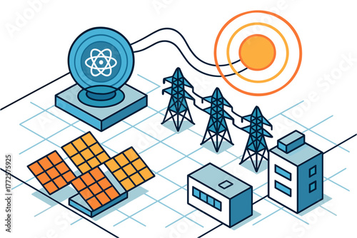 Isometric renewable energy grid featuring solar panels and power lines