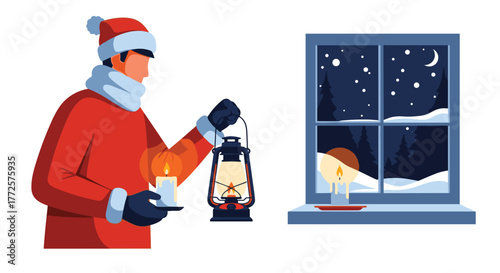 Cozy winter evening as person holds glowing lantern and candle, watching snowfall outside cozy window with moonlight