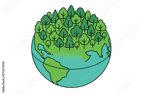 Eco-friendly world: lush forest trees encompass the globe in a flat artistic style