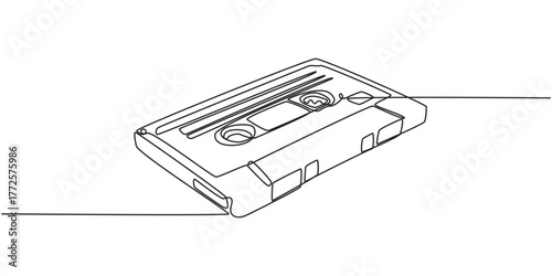Audio cassette, tape one line art. Continuous line drawing of play, tape, song, cassette, audio, fix, group, classic, music, multimedia, strip, retro, reel, vintage, nostalgia, 80s, disco, 90s