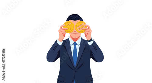 Ambitious businessman playfully holding golden coins over eyes, visualizing financial success and future wealth in a professional setting