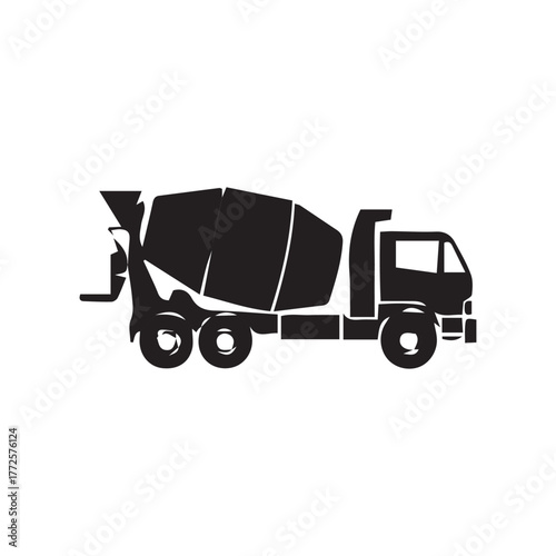Black silhouette of a concrete mixer truck, side view, on a white background, illustrating construction equipment.