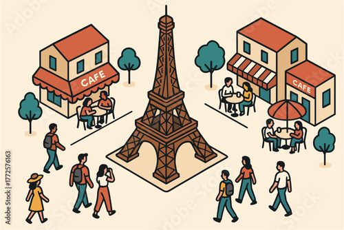 Isometric paris scene with eiffel tower and cafes in vibrant cityscape