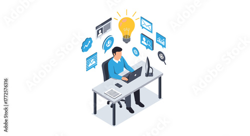 Dynamic entrepreneur brainstorming innovative ideas and planning business growth with digital tools at modern desk