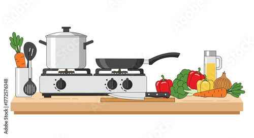 Fresh ingredients and cooking setup ready for delicious healthy meal preparation in a bright, modern kitchen environment