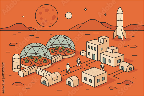 Mars colony concept with futuristic dome structures and rocket launch