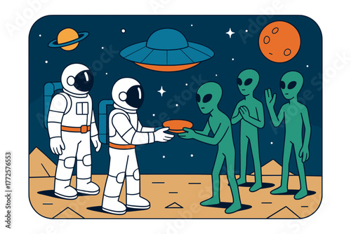 Astronauts and aliens meeting on mars under starry sky in space scene