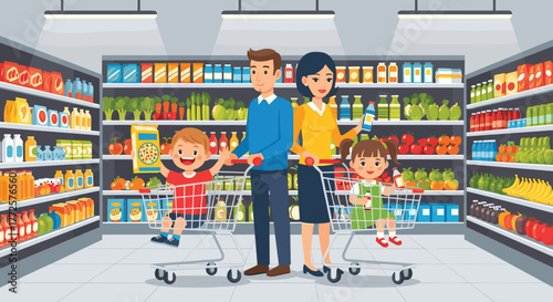 Joyful family shops for groceries together pushing carts through bright, well-stocked supermarket aisles filled with colorful products