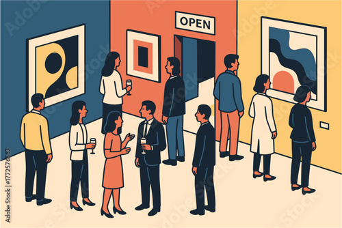 Art exhibition opening with diverse visitors in modern gallery setting