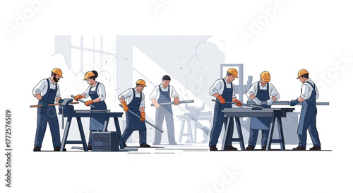 Skilled artisans meticulously crafting metal components in a bright, collaborative workshop environment, showcasing teamwork and precision