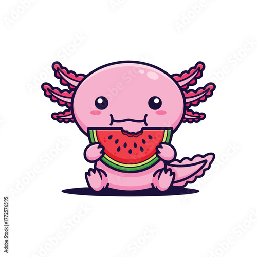 Adorable cartoon axolotl cheerfully enjoying a juicy slice of watermelon, smiling.