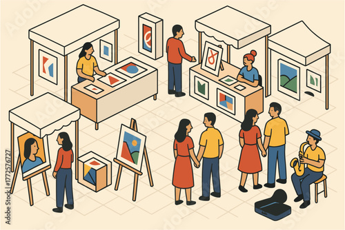 Art fair in isometric style: people browsing paintings and interacting with artists