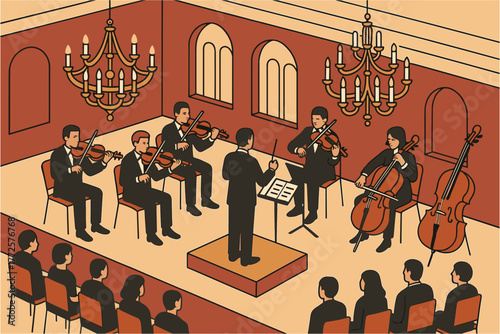 Isometric orchestra performance in a classical hall setting with musicians and audience