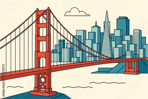 San francisco golden gate bridge with modern cityscape in minimalist style