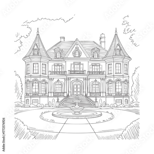 Detailed line drawing of a grand mansion with a fountain and manicured gardens house estate