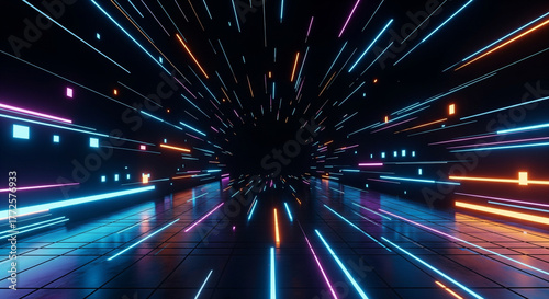 Abstract Neon Light Tunnel Speed Motion Background with Glowing Lines and Squares