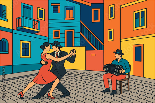 Colorful urban tango scene with dancers and accordion player