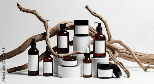 Skincare Products Arranged with Natural Wood Elements on White Background