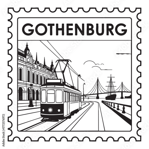 Gothenburg cityscape with tram and bridge depicted in a postage stamp design Sweden