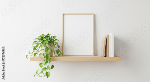 Blank Picture Frame Mockup with Potted Plant and Books on Wooden Shelf