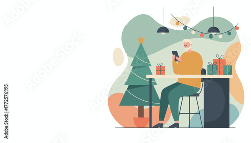 Senior man texting by the Christmas tree and gifts Modern holiday lifestyle illustration