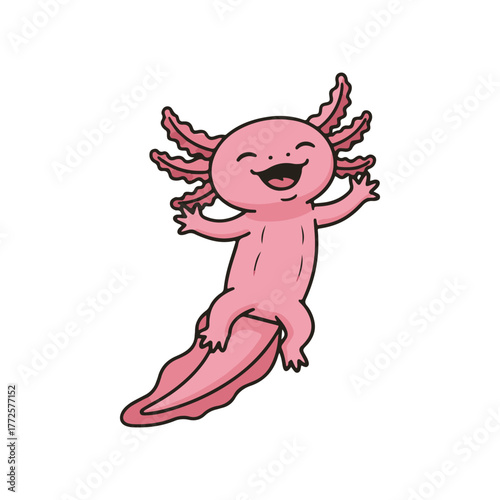 Cheerful cartoon axolotl with outstretched arms and a happy expression, smiling widely.