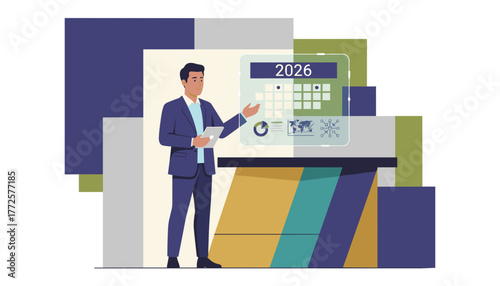 Professional man presenting 2026 financial data and scheduling on a futuristic interface