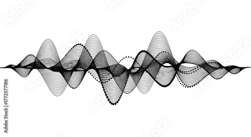 Dynamic abstract sound wave visualization with intricate line art and subtle dot patterns, perfect for tech and music themes