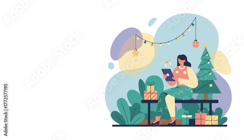 Woman using tablet for holiday online shopping next to a Christmas tree and wrapped gifts