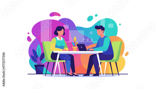 Business professionals meeting Man works on laptop woman listens Consultation or interview