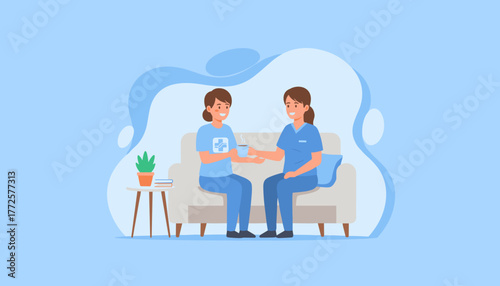 Caregiver gives a patient coffee at home Home healthcare nursing and medical assistance concept
