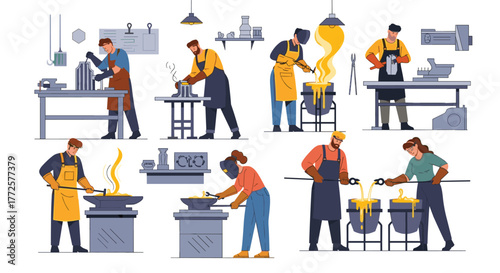 Skilled artisans masterfully forge metal, creating custom pieces with fiery passion and precision in a vibrant workshop setting