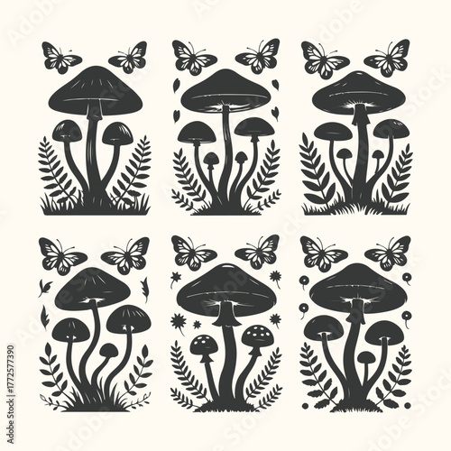 A collection of six black mushroom and butterfly illustrations on a cream background