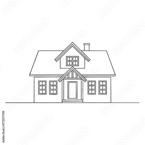 Simple black and white line drawing of a detached house with a pitched roof and chimney