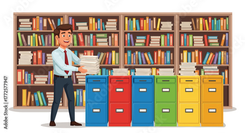 Smiling businessman organizing stacks of documents next to colorful filing cabinets and bookshelves in a bright office setting