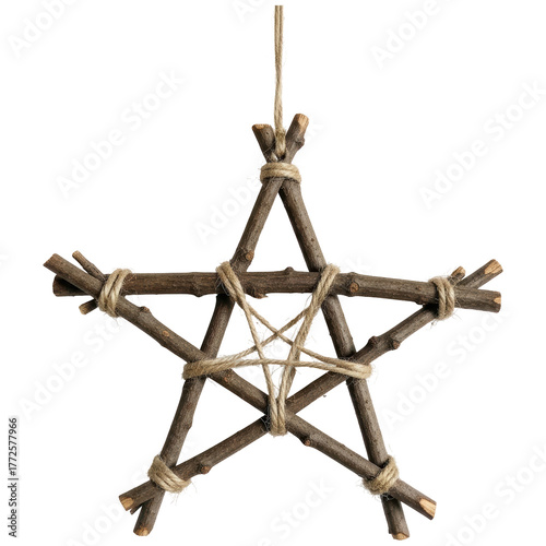 Rustic twig star decoration with string bound pentagram, natural craft art