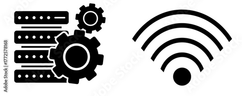 Data management and WiFi vector set: server racks with gears and wireless connection icon, ideal for networking and IT concepts