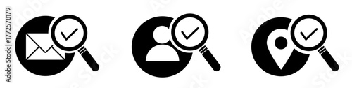 Verification vector icon set: mail, user, and location symbols with magnifying glass and check mark, symbolizing validation and confirmed data