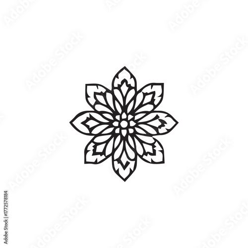 Black and white illustration of a stylized floral design with eight petals radiating from a central point.