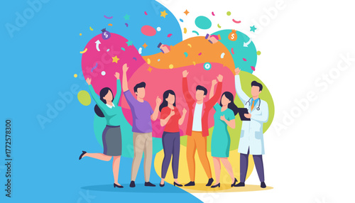 Diverse professionals and doctor celebrating success achievement and financial growth with confetti