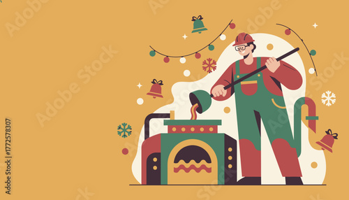 Industrial Christmas production Man pouring liquid metal into a seasonal furnace illustration