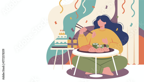 Casual birthday celebration at home Woman eating sushi dim sum and cake