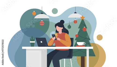 Woman using phone and laptop at a desk near a festive Christmas tree illustration