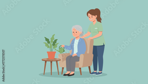 Nurse helping elderly woman water a plant Professional home care and assisted living support