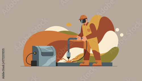 Industrial worker using plasma cutter for metalwork Professional labor illustration