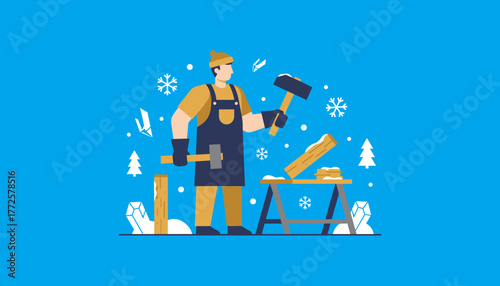 Winter worker illustration hammering wood outdoors amidst snow and trees Seasonal carpentry labor concept