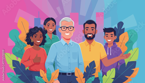 Diverse professional group smiling teamwork inclusion and business success illustration