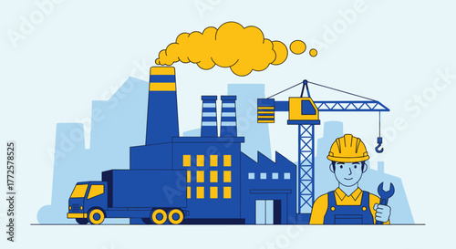 Engineer or mechanic with a wrench stands by a large factory crane and truck Industrial production concept